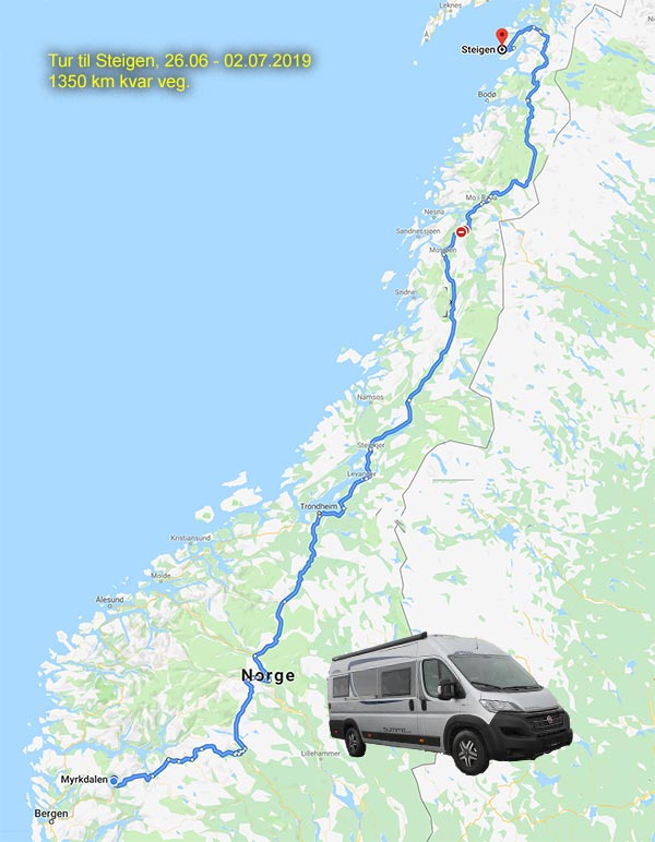 Kart over tur til Steigen i Nordland