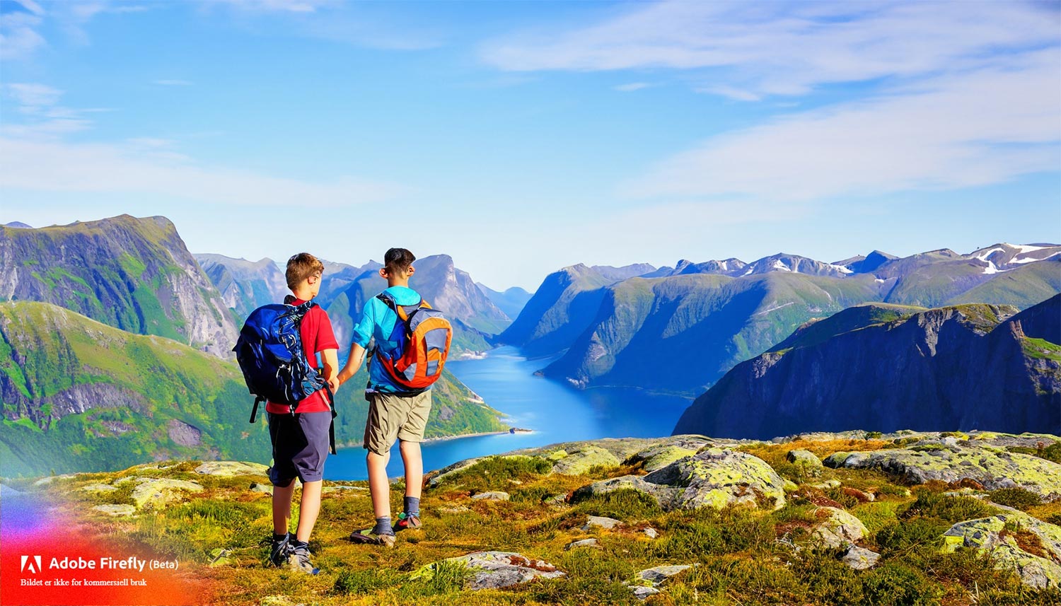 Dagens KI-bilete - to gutar på fjelltur