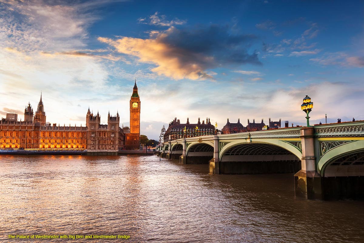 Westminster Palace med Bug Ben og Westminster Bridge (KI-bilete)