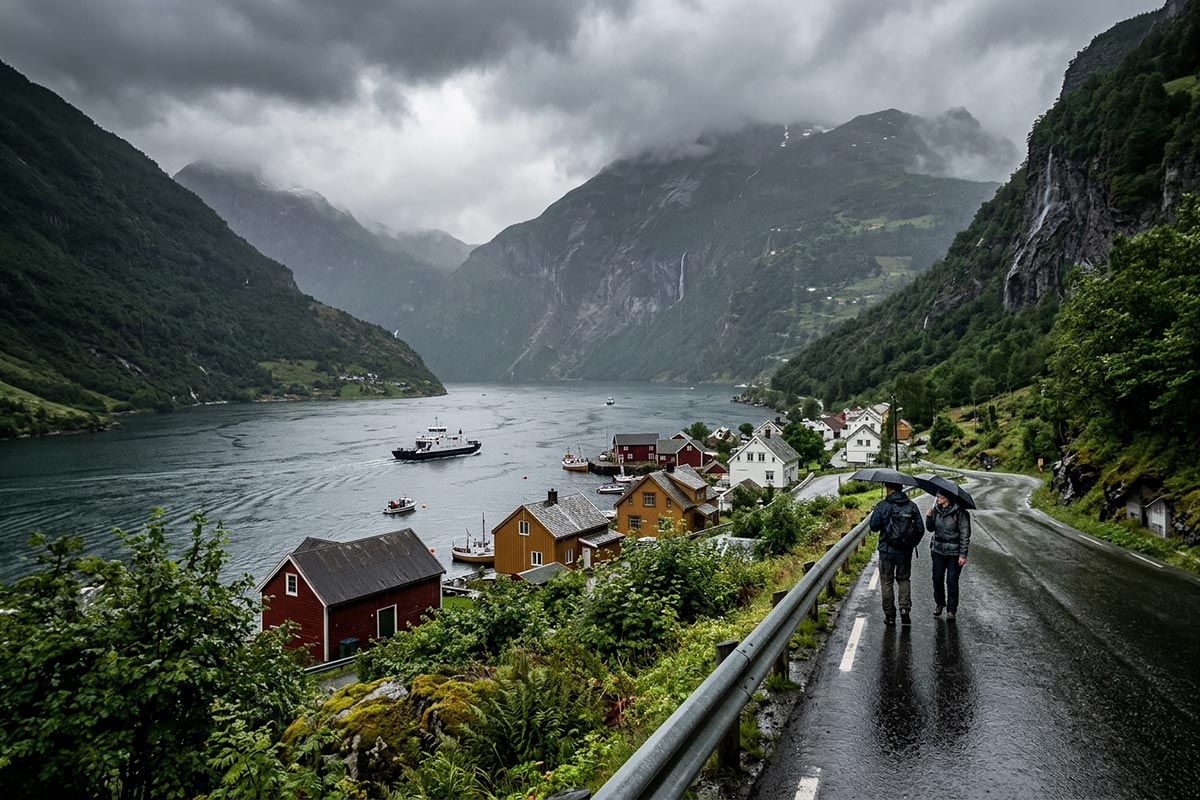 Regnversdag på Vestlandet (KI) - A rainy day in Western Norway (AI)